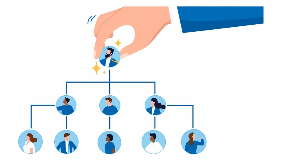 Una mano colocando personas en un organigrama