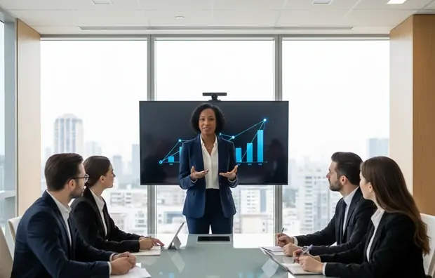 Jefa de área presentando resultados en sala de juntas