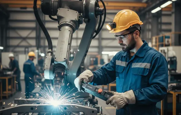 Supervisor de planta junto a un brazo robótico de soldadura