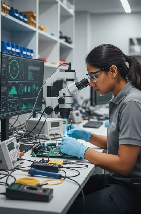 Técnica de laboratorio revisando una placa electrónica
